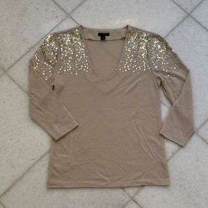 Ann Taylor Beige Sequin 3/4 Sleeve Top, XSP
